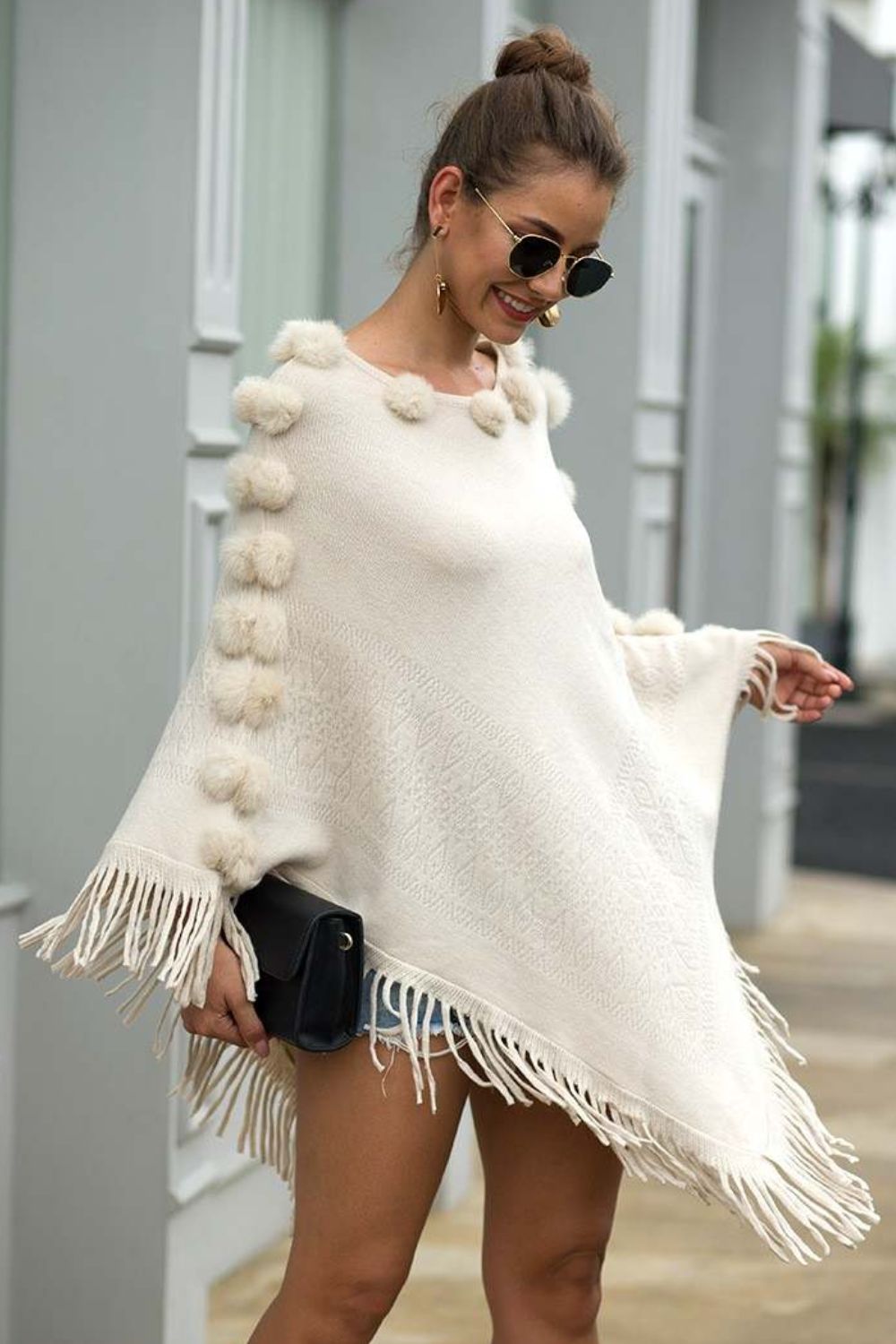 Pompom Trim Boat Neck Fringe Hem Poncho