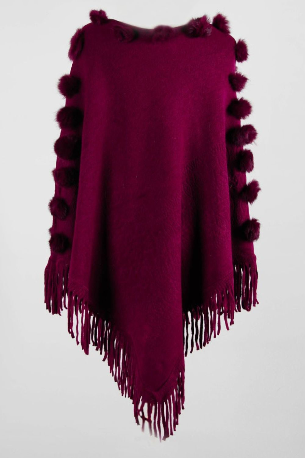 Pompom Trim Boat Neck Fringe Hem Poncho