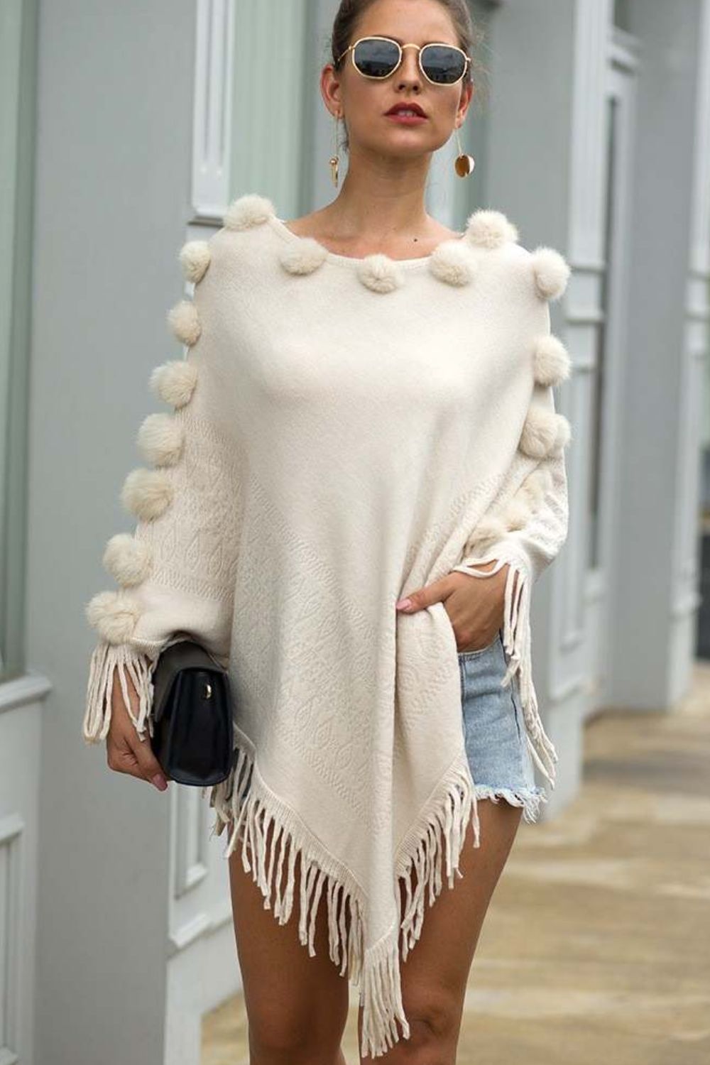 Pompom Trim Boat Neck Fringe Hem Poncho