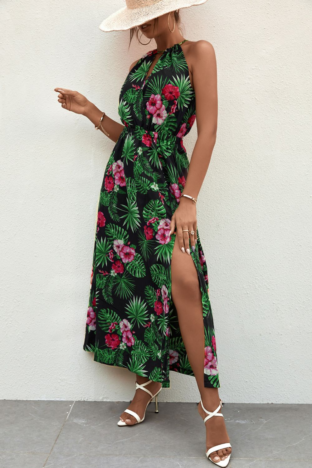 Botanical Print Sleeveless Split Maxi Dress