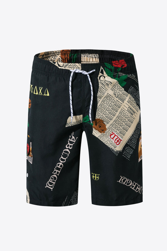 Full Size Newspaper Print Drawstring Waist Swim Trunks