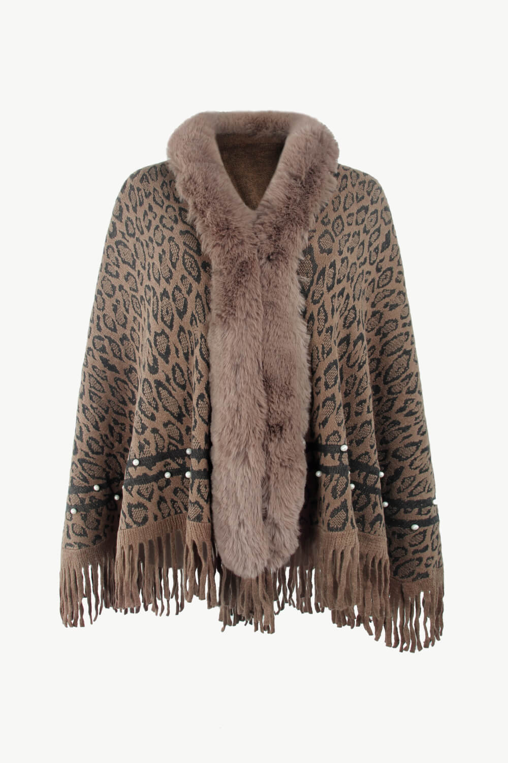 Leopard Faux Fur Trim Fringe Hem Poncho