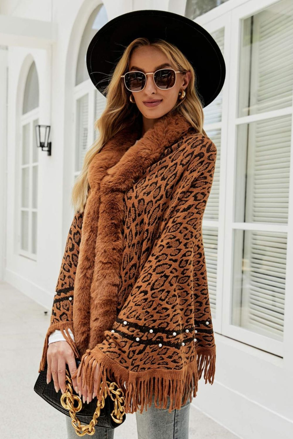 Leopard Faux Fur Trim Fringe Hem Poncho