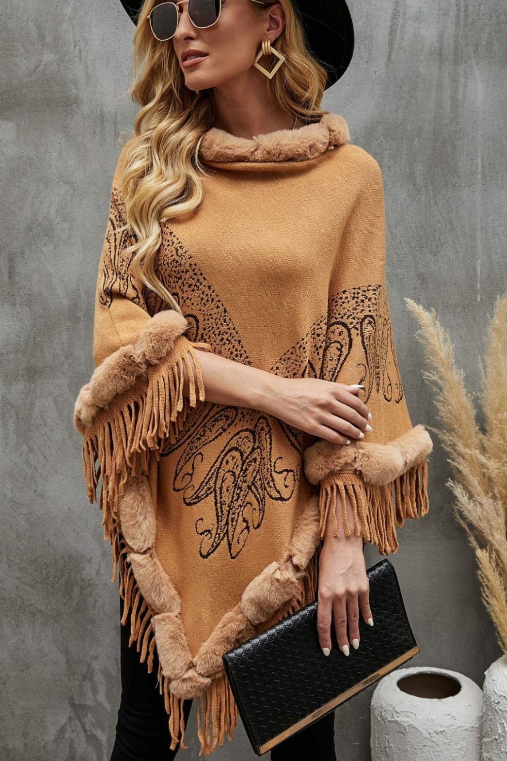 Paisley Faux Fur Trim Fringe Hem Poncho