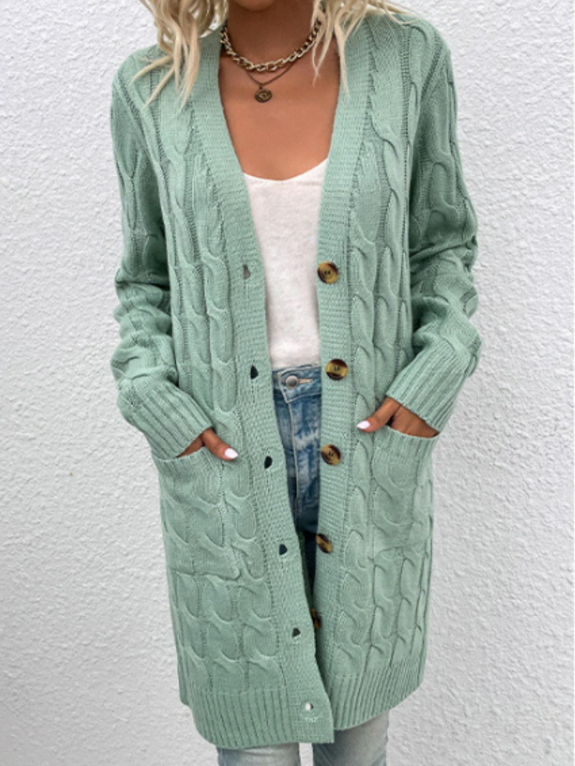 Cable-Knit Button Down Longline Cardigan with Pockets