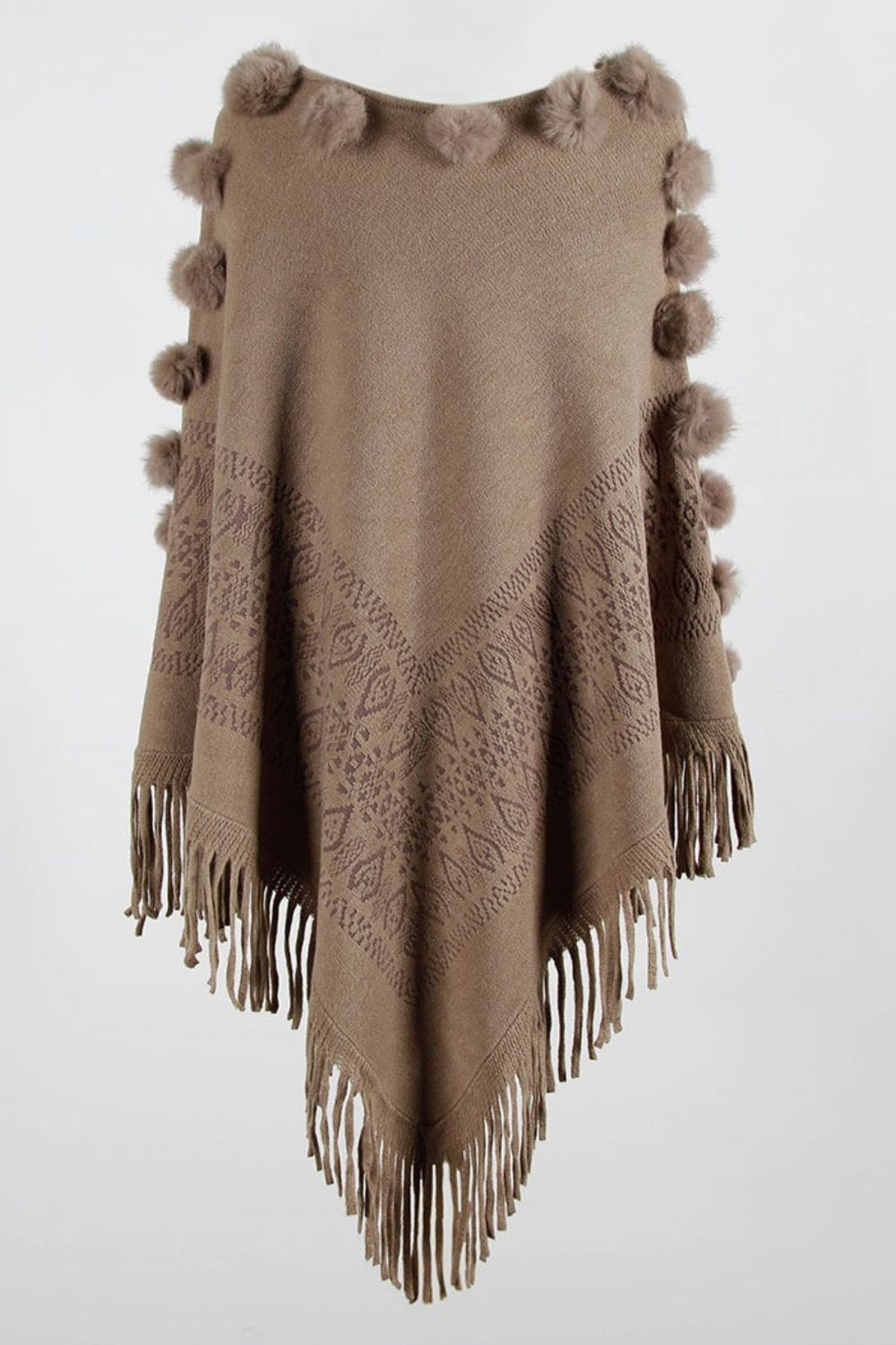 Pompom Trim Boat Neck Fringe Hem Poncho