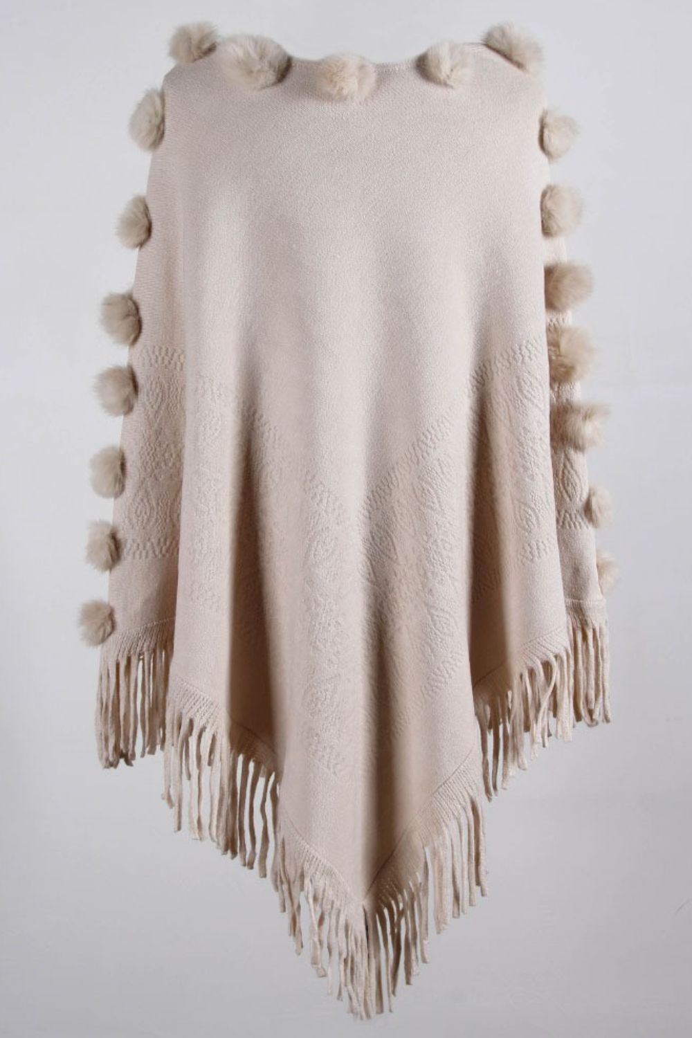 Pompom Trim Boat Neck Fringe Hem Poncho