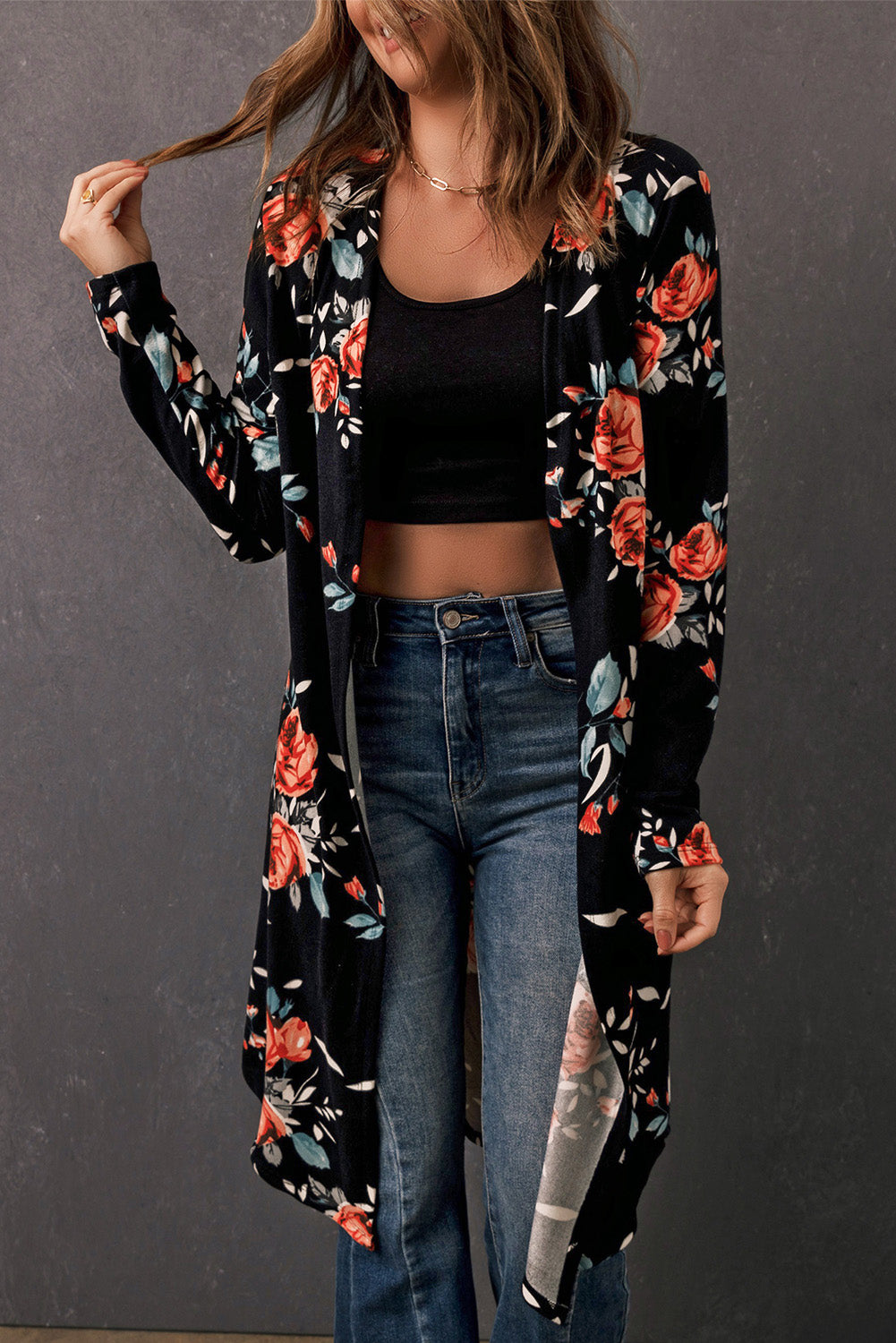 Printed Open Front Longline Cardigan