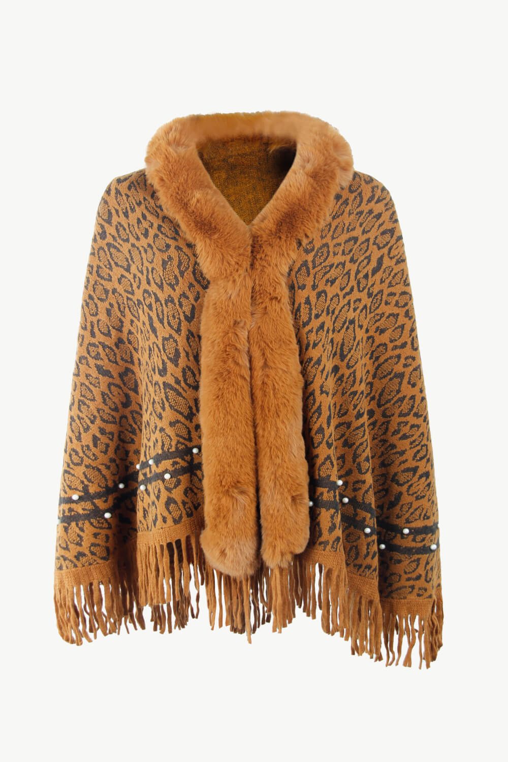 Leopard Faux Fur Trim Fringe Hem Poncho