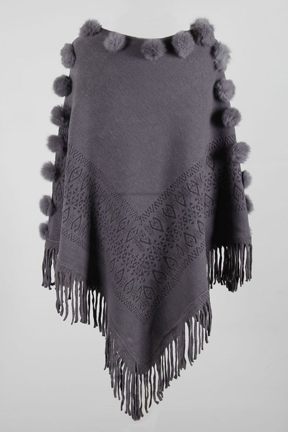 Pompom Trim Boat Neck Fringe Hem Poncho