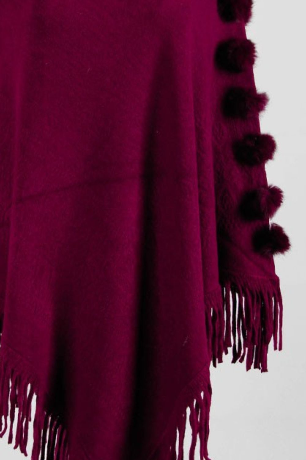 Pompom Trim Boat Neck Fringe Hem Poncho