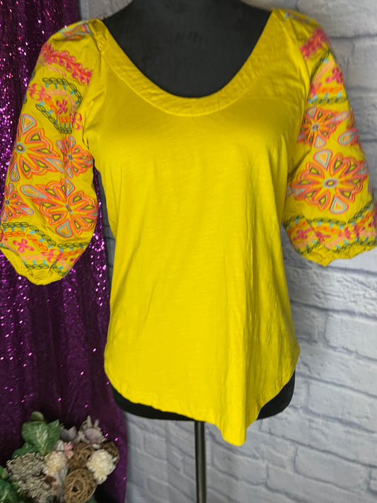 Yellow Embroidered Print Shirt with Puffed Sleeves
