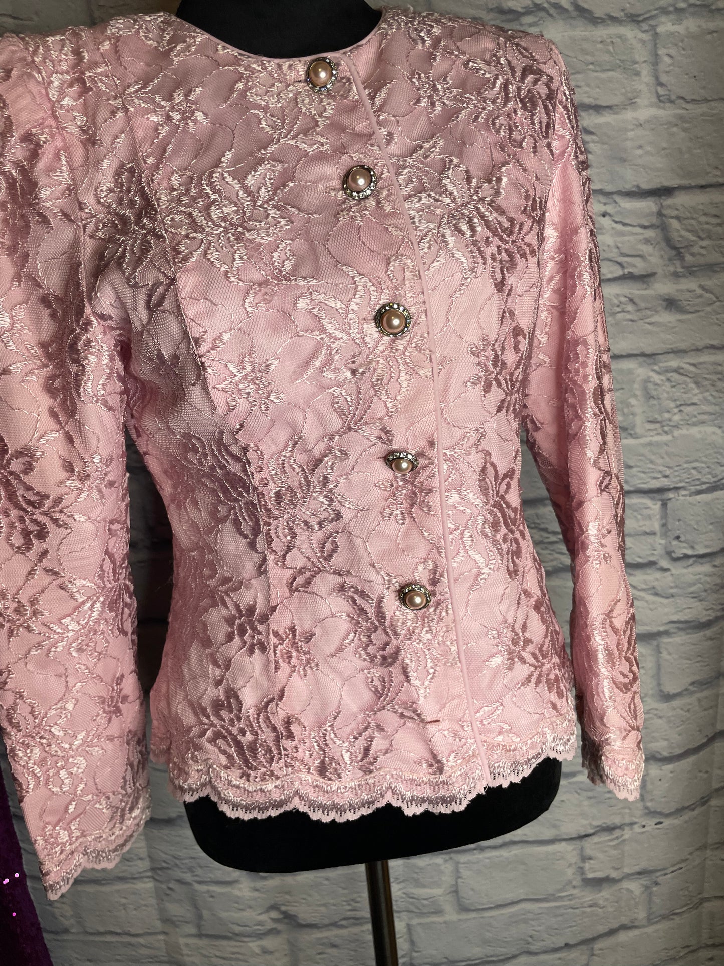 Miss Elliette Pink Lace Blazer with Gold Pearl Buttons