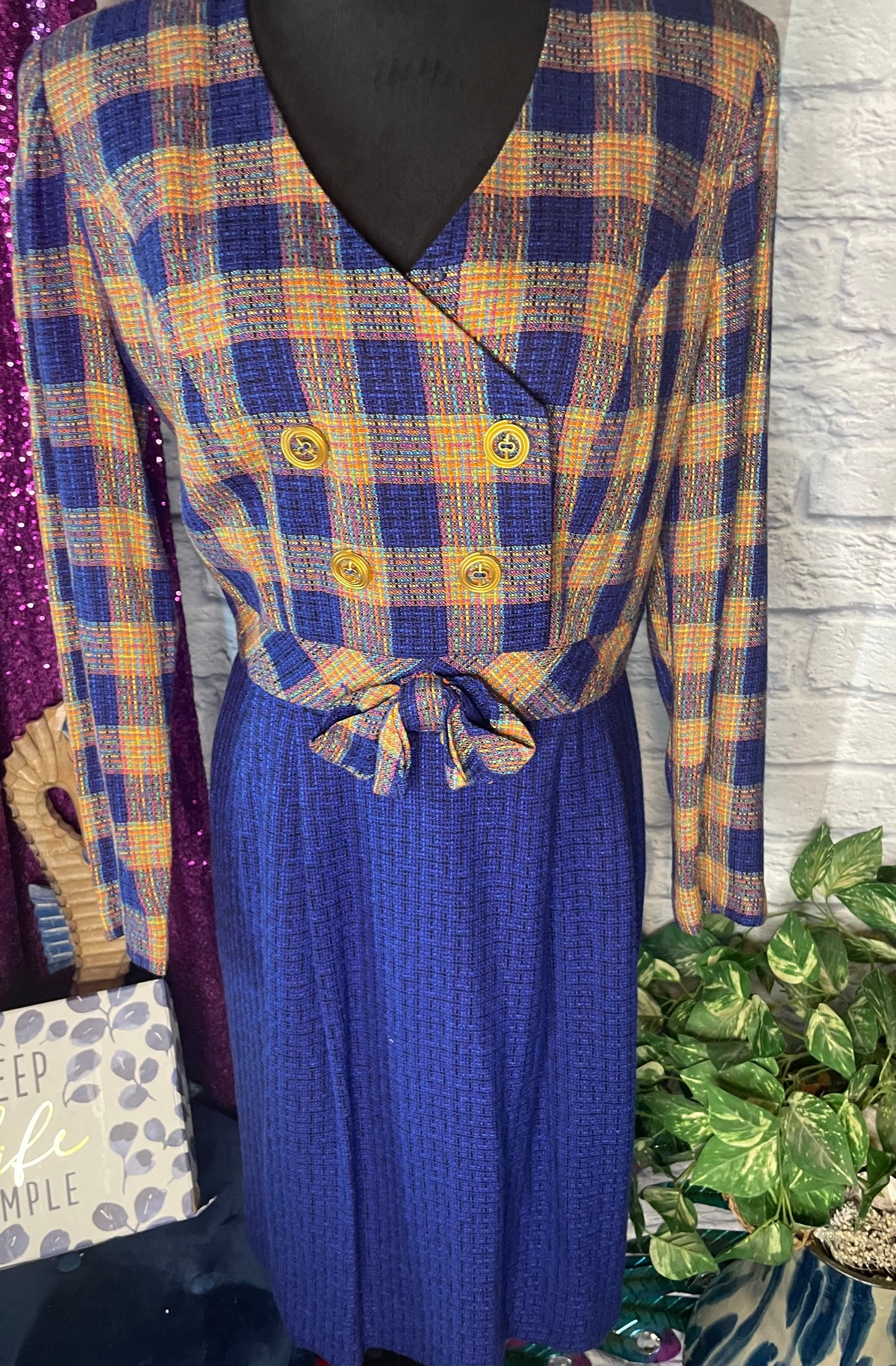 Vintage 1970s David Warren Blue/Gold Tweed Dress