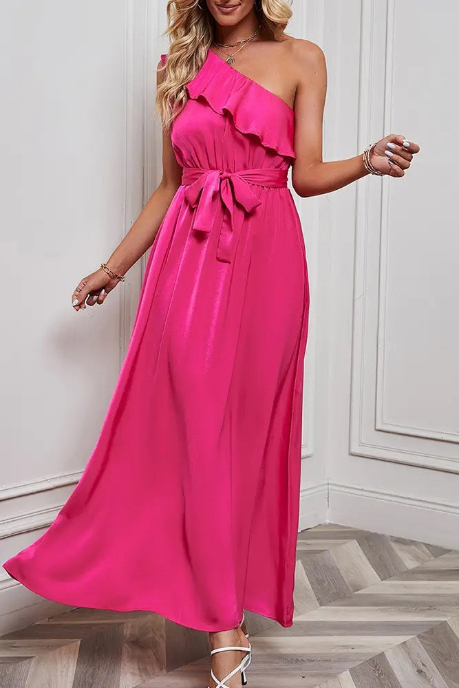 Rose One Shoulder Ruffles Maxi Dress with Sash