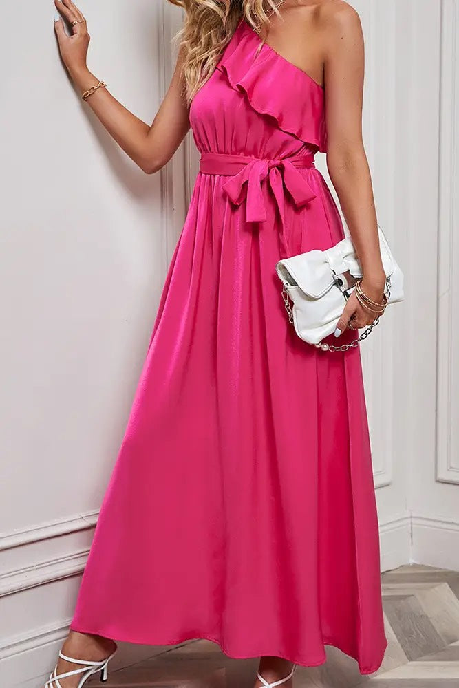 Rose One Shoulder Ruffles Maxi Dress with Sash