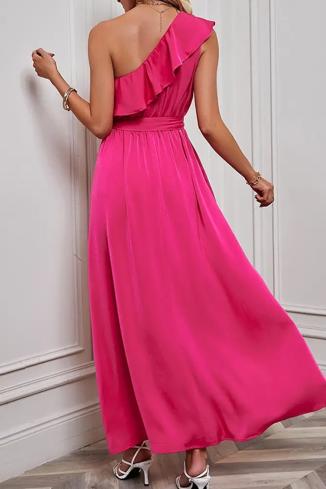 Rose One Shoulder Ruffles Maxi Dress with Sash