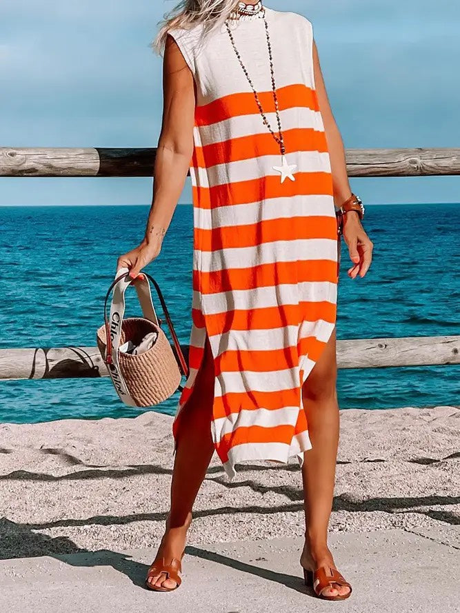 Orange Striped Sleeveless Jersey Dress