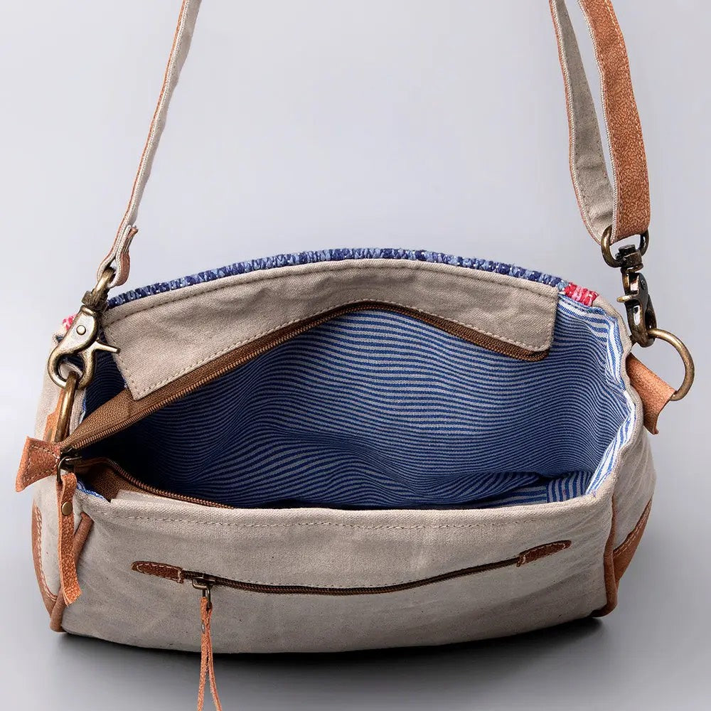 CROSS BODY Cowhide Leather Upcycled Canvas Bag