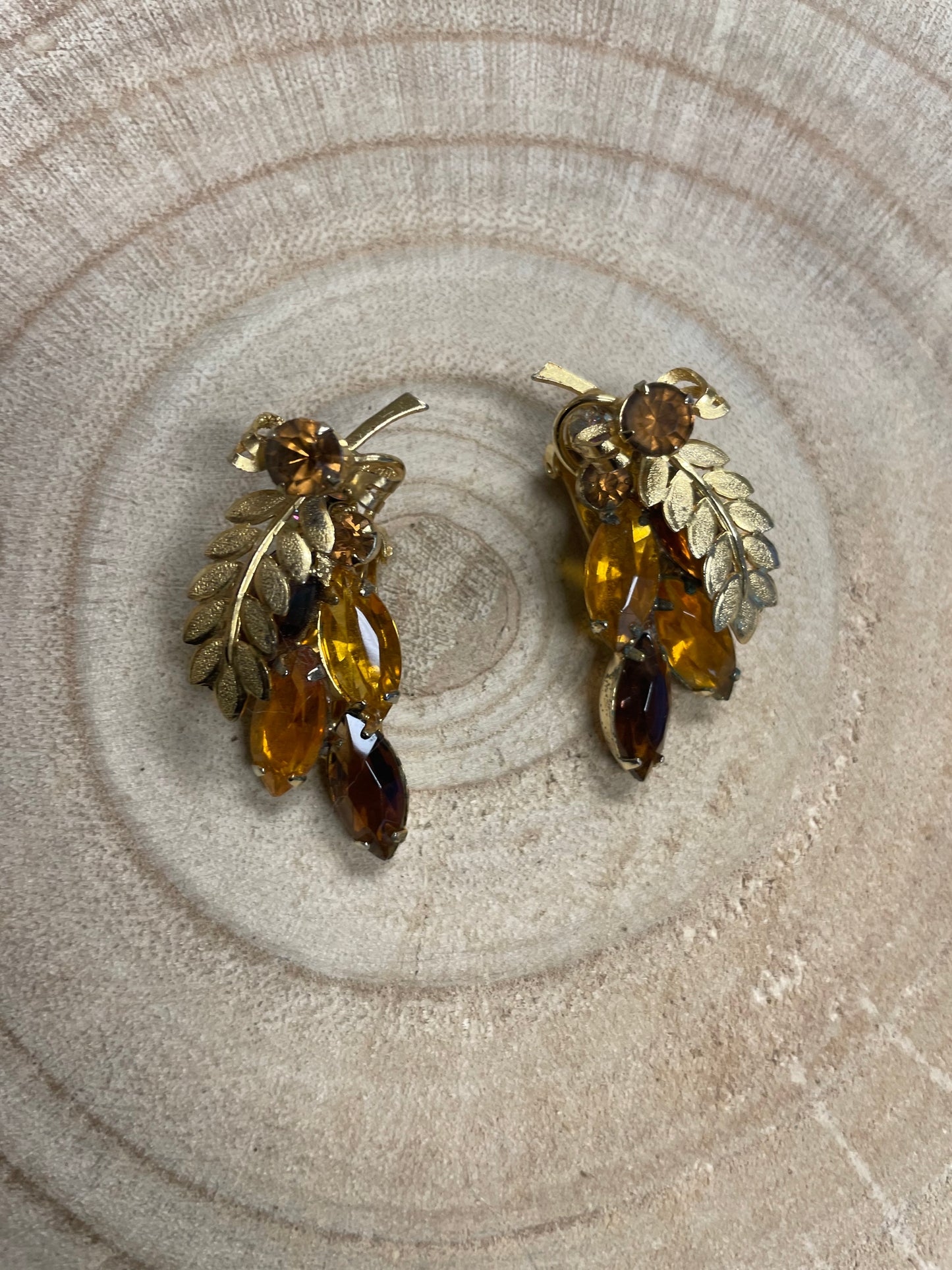 Gold/Root Beer Rhinestones with Leaf Vintage Earrings