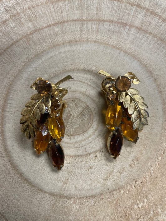 Gold/Root Beer Rhinestones with Leaf Vintage Earrings