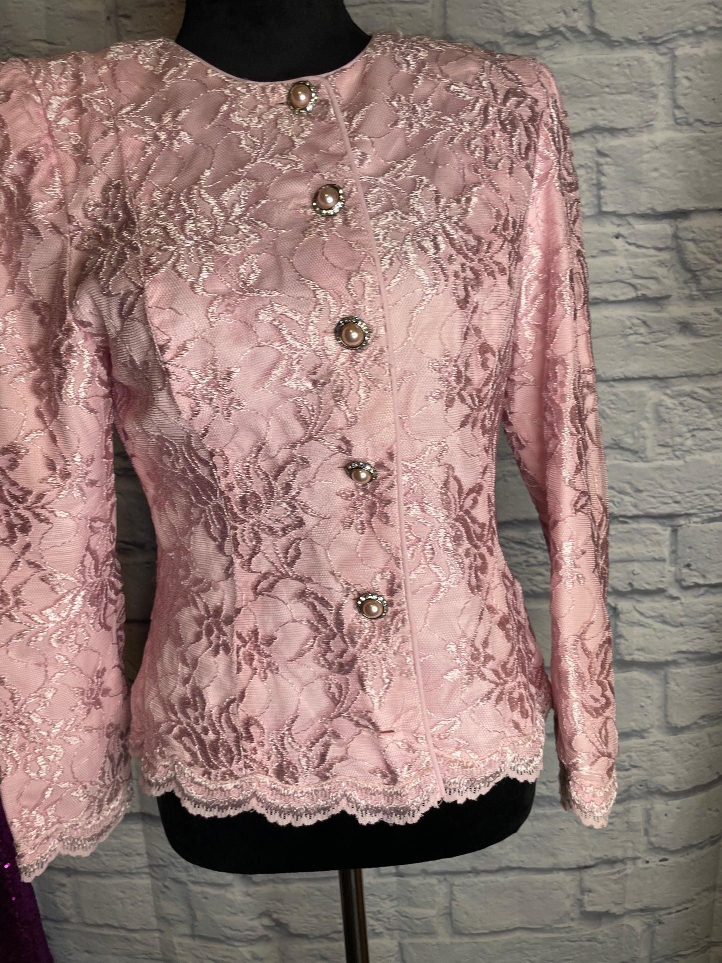 Miss Elliette Pink Lace Blazer with Gold Pearl Buttons