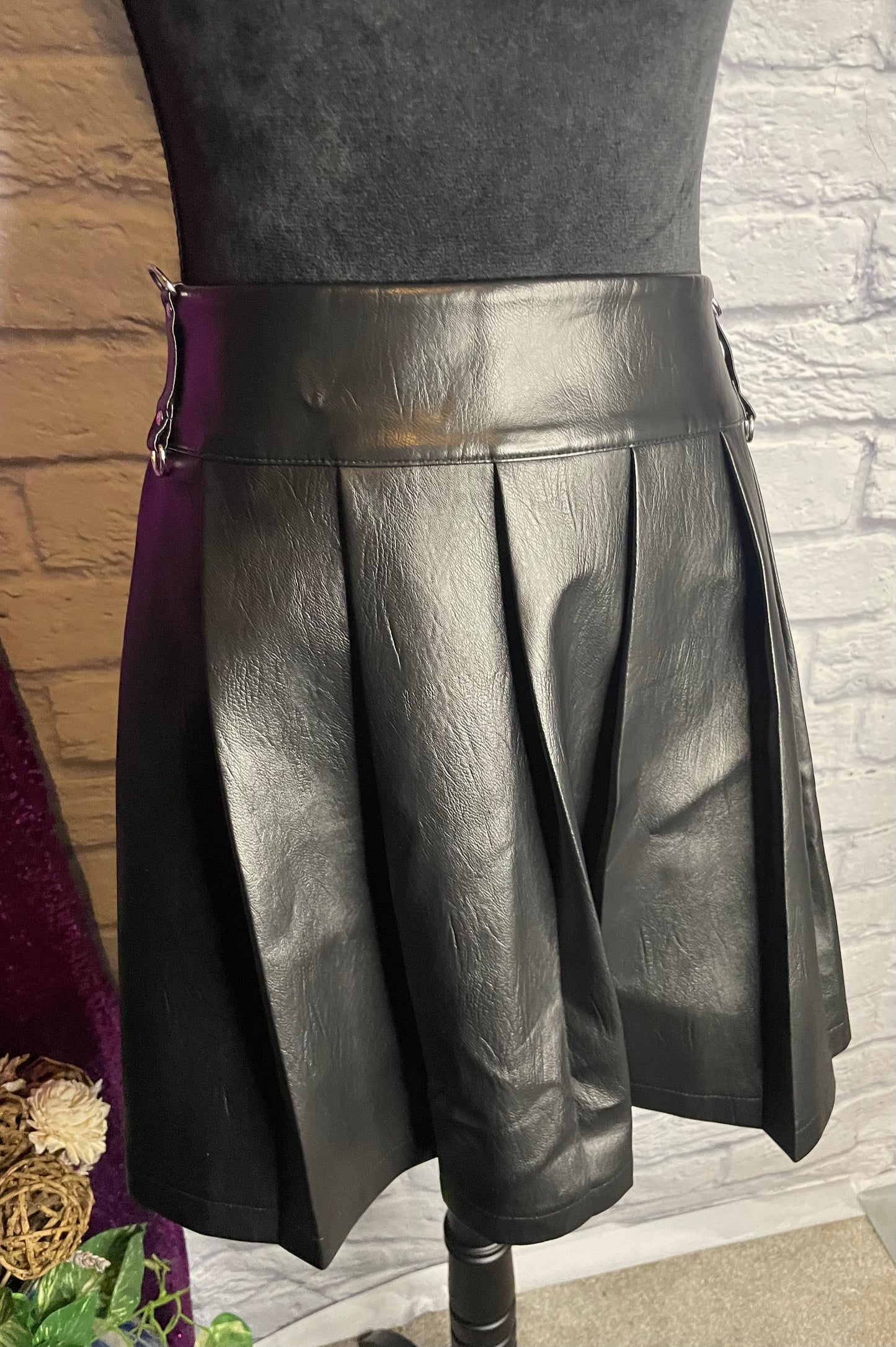 Black Faux Leather Skirt with Pleats