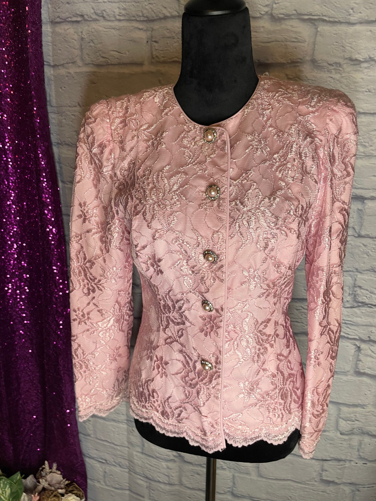 Miss Elliette Pink Lace Blazer with Gold Pearl Buttons